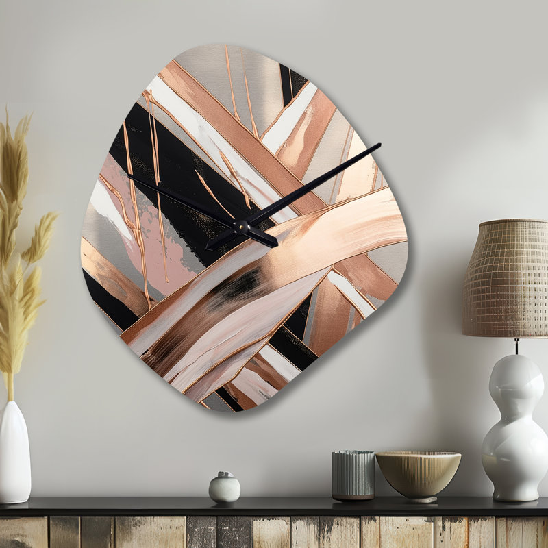 Metallic Stripes And Circles II - Unique Shape Marble Metal Wall Clock, Asymmetrical Metal Wall Clock Print, Grand