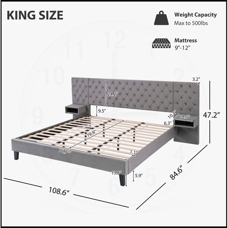 Lit plateforme très grand avec tête de lit en velours moderne recouvert de 2 tables de chevet, capitonné à motif de losanges, gris