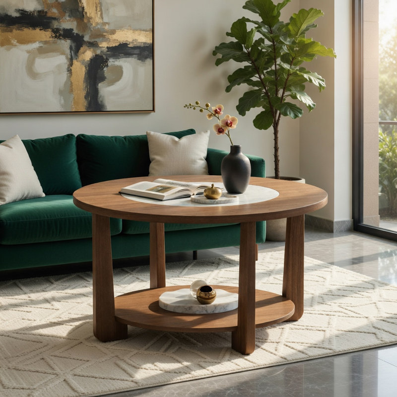Table basse ronde Hommoo de style campagnard avec plateau bicolore, tablette de rangement ouverte, pieds en bois d'hévéa, table d'appoint de salon de 31,5 po de diamètre, blanc et brun