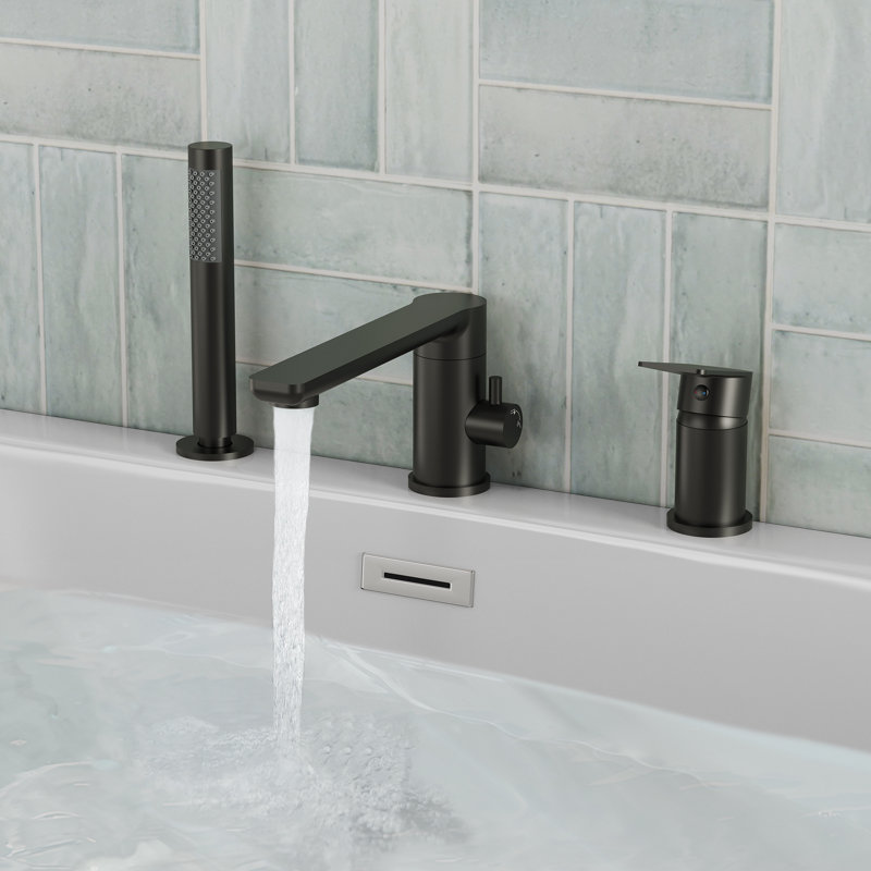 Single Handle Deck Mounted Roman Tub Faucet with Hand Shower, Matte Black