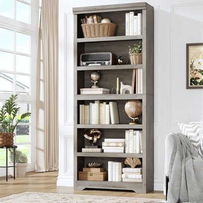 75" 6-Tier Farmhouse Bookcase with Adjustable Shelves, Open Display Storage Bookshelf for Home Office, Living Room, Study or Balcony