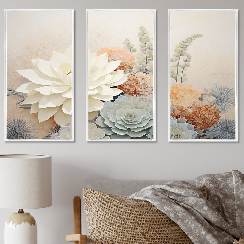 Ensemble de décoration murale beige Cactus I - Cactus floral, H 40 po x l 60 po x P 1 po, Cadre flottant blanc
