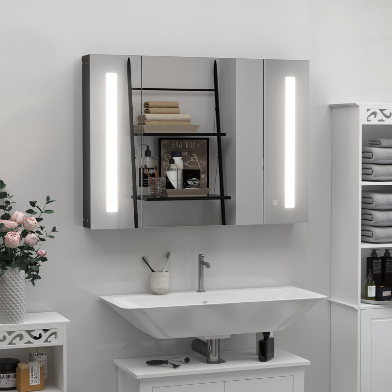 Armoire à pharmacie murale avec miroir à DEL Kleankin, armoire de salle de bain murale l 35,5 "x H 25,5" avec 3 armoires, fonction mémoire, charge USB, noir ultrabrillant