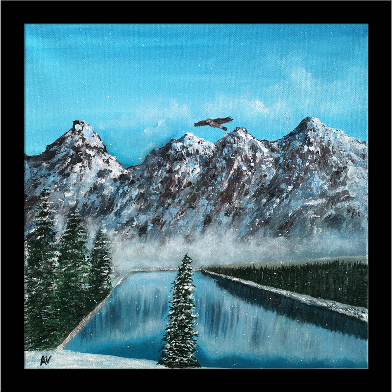 «Snowy Peaks» par Amy Valiante - reproduction d'art, H 24 po x l 24 po x P 1,25 po, Papier encadré noir, Pas de tapis