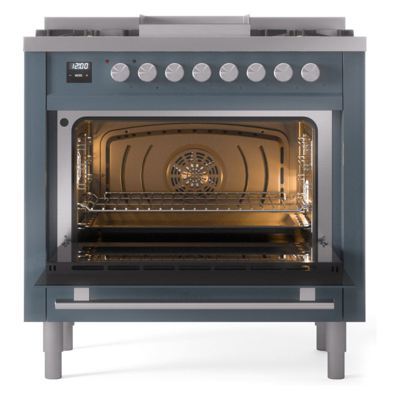 Cuisinière à double combustible 36 ILVE Professional Plus II, 6 brûleurs scellés, plaque chauffante (bleu gris), Bleu/gris