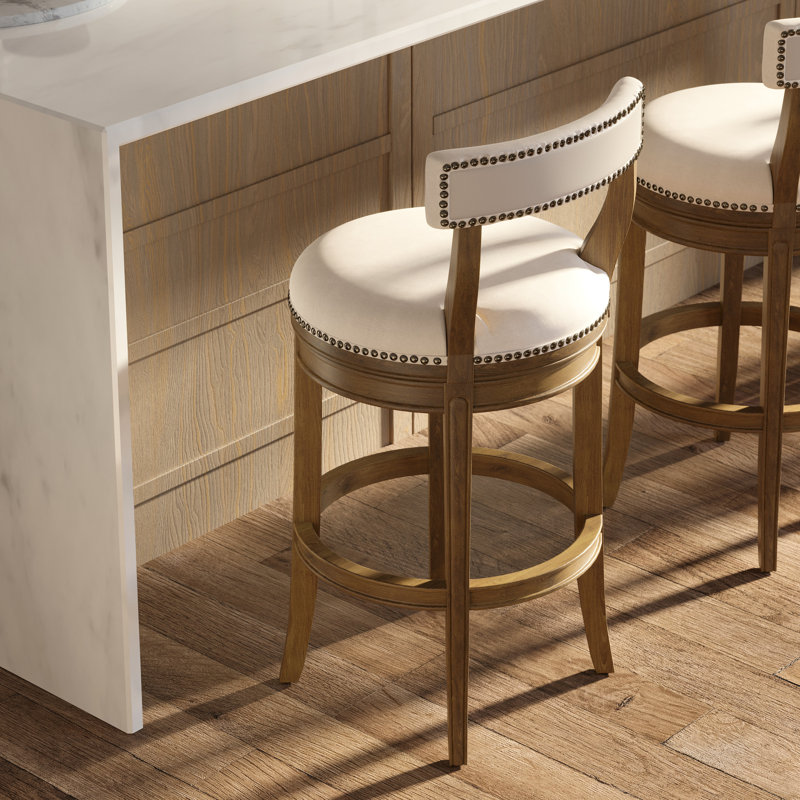 Tabouret de bar 31 po, finition pacane, retour automatique à 180 degrés pour ramener le siège à sa position correcte, siège en similicuir gris, ouvert avec structure en bois, tabouret à pieds arrondis et garniture cloutée
