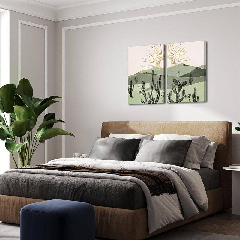 Boho Wall Art Canvas Cactus Desert Mountain Range Painting Prints Modern Southwest Boho Cactus Wall Decor - 16"x24"x2PCS (Green)