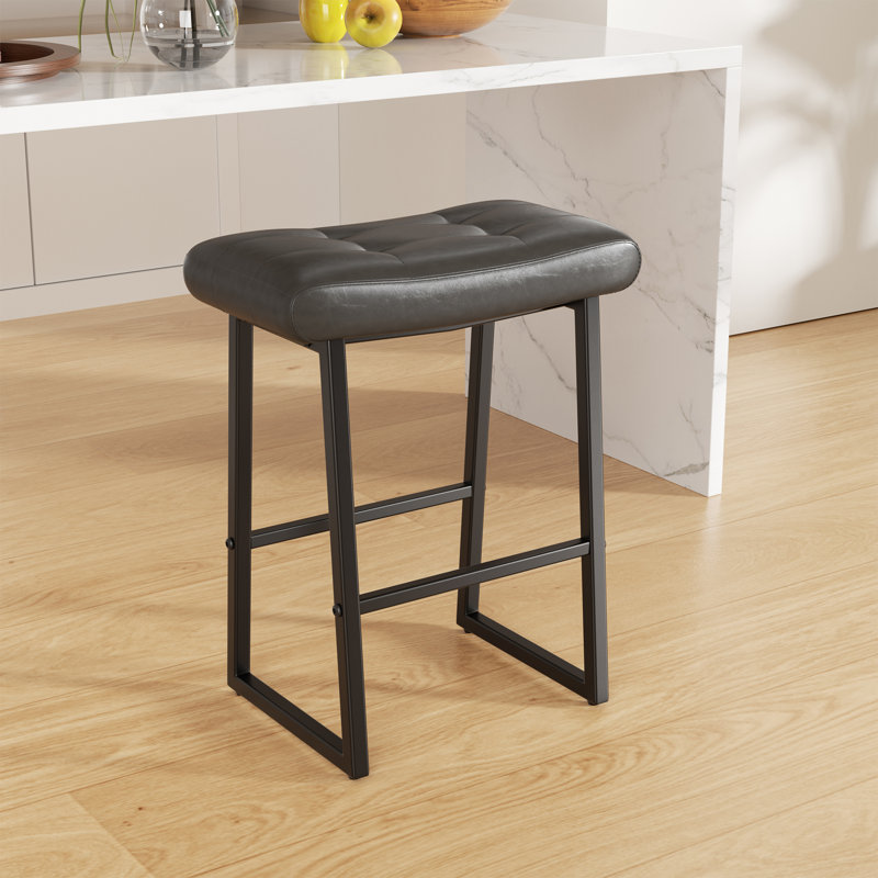 Upholstered Counter Stool with Metal Frame, Black, Black, 2