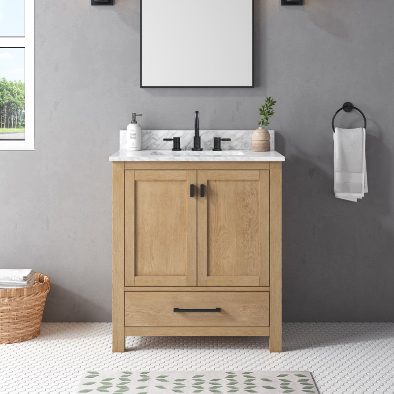 Modero 30" Single Bathroom Vanity with Top, Carrera White Marble, Brushed Oak, Black