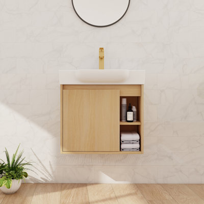 24" Bathroom Vanity Set, Single Wall Mounted Bathroom Vanity With Ceramic Basin Sink Top, Floating Vanity With 1 Door And Shelf