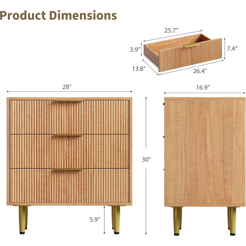 Commode cannelée pour chambre à coucher avec 3 tiroirs Commode en bois avec poignées en métal Commode naturelle pour le salon