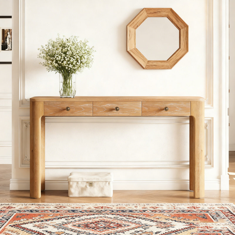Console rustique avec coins arrondis pour la sécurité, table d'entrée avec 3 tiroirs dissimulés, table de canapé robuste avec des pieds épais pour le couloir et le salon (naturel)