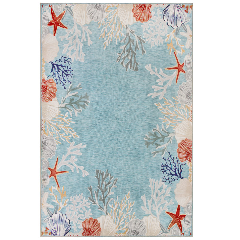 Coastal Seashell and Coral Border Nautical Area Rug in Light Blue, Rectangle 8' x 10'