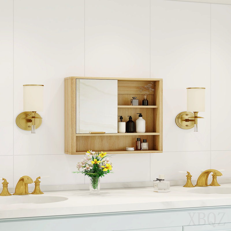 Armoire de rangement murale en bois naturel avec rangement en bois naturel et étagère de rangement pour salle de bain en MDF avec tablettes ouvertes et porte simple