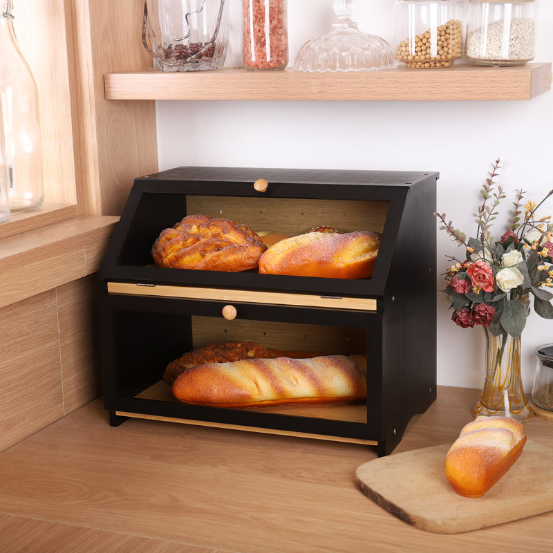 Bamboo Bread Box Double Layer for Kitchen Counter Top, Black