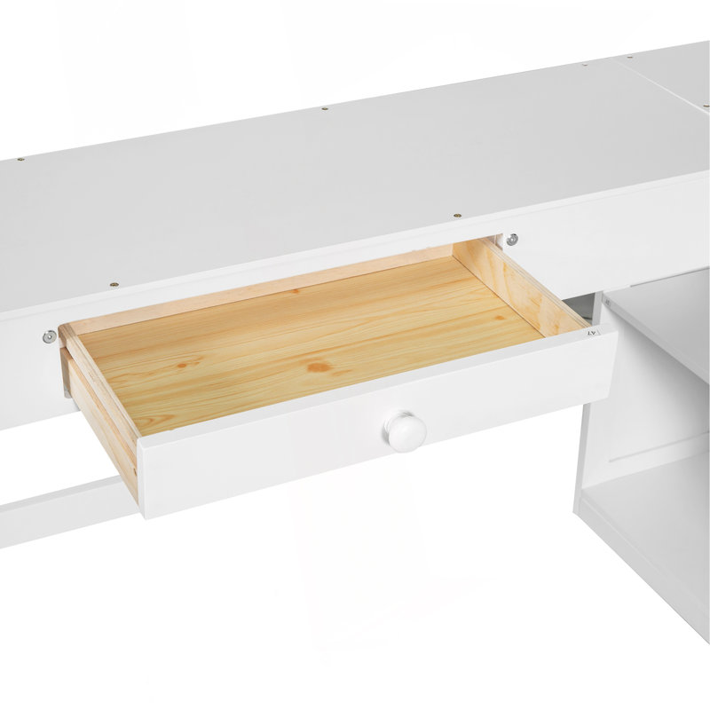 Lit mezzanine double avec bureau en U, tiroirs et tablettes de rangement, blanc, Lit double, Blanc