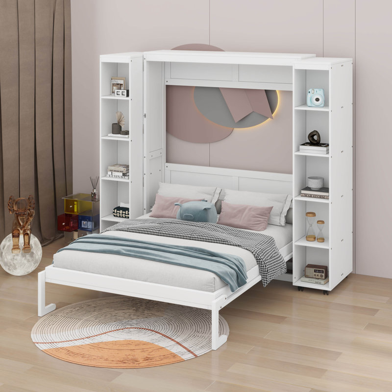 Grand lit escamotable moderne escamotable avec portes de rangement, Blanc
