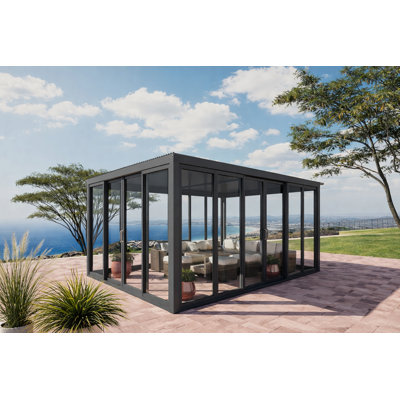 Pergola en aluminium noir 13 'x 10' avec toit à persiennes et parois coulissantes en verre