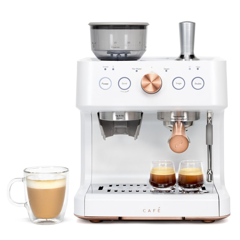 Matte White Semi-Automatic Espresso Machine with Grinder and Steam Wand