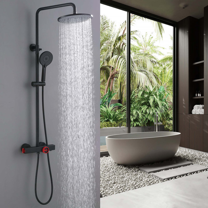 Système de douche thermostatique moderne avec douche à effet pluie de 10 po, douchette à 3 modes et robinet de baignoire
