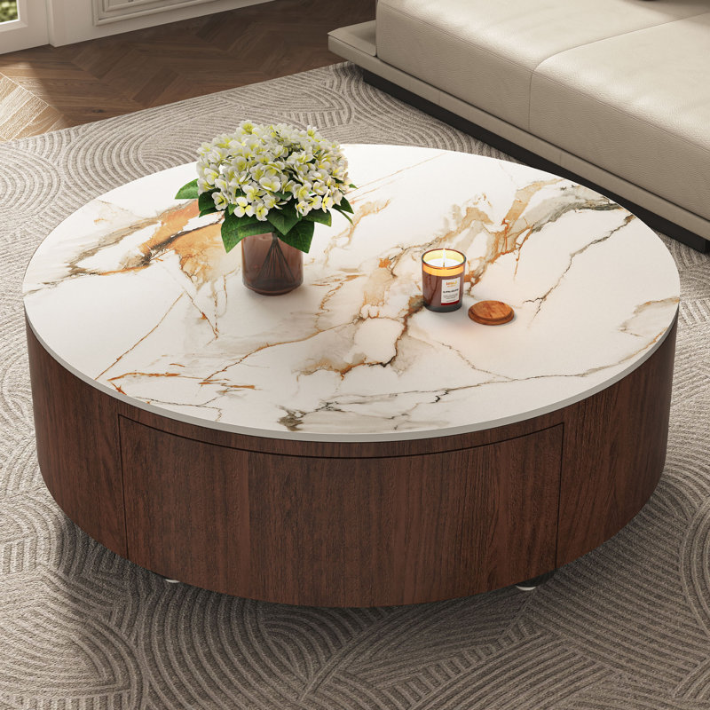 Table basse 35,4 po ronde en bois avec 2 rangements, table basse moderne avec finition faux marbre et base en placage de noyer