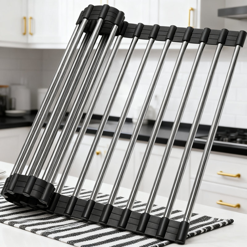 Égouttoir à vaisselle enroulable, égouttoir enduit de silicone résistant à la chaleur pour éviers de cuisine, conception pliable et peu encombrante pour les assiettes et les plats de cuisson