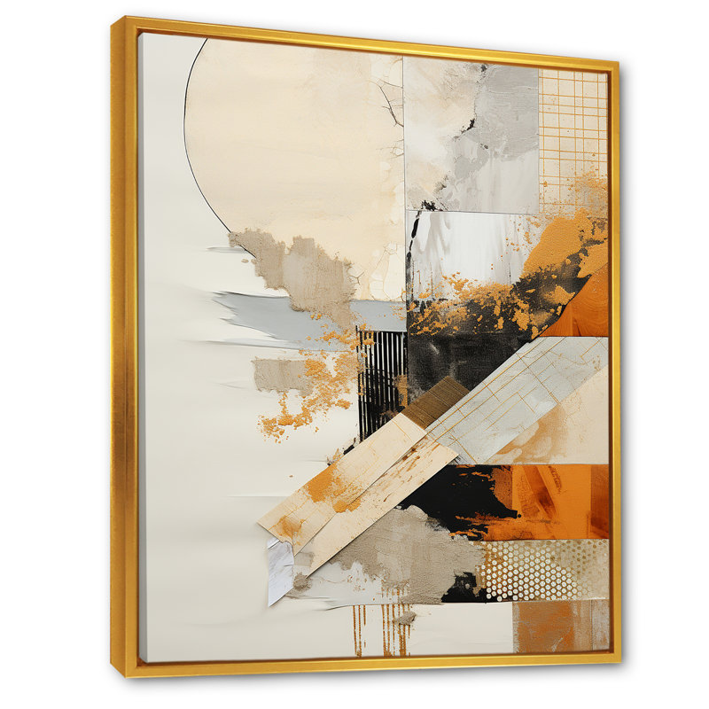 «Yellow Radiant Sunset Dream 2 - Collages abstraits», art mural, Cadre flottant doré, H 40 po x l 30 po x P 1,5 po