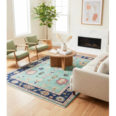 Tapis oriental en laine noué à la main turquoise et bleu marine Oushak - 4 pi x 6 pi