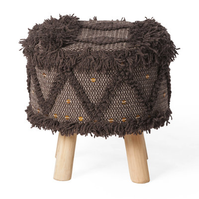 Dark Brown Handmade Seat - Wool & Cotton Blend And Eucalyptus Wood Construction Stool 16X16 With