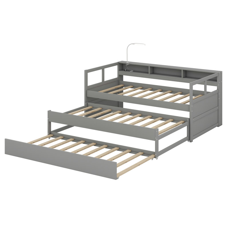 Wood Daybed With 2 Trundles, 3 Storage Shelves, 1 Light For Free And USB Charging, Gray