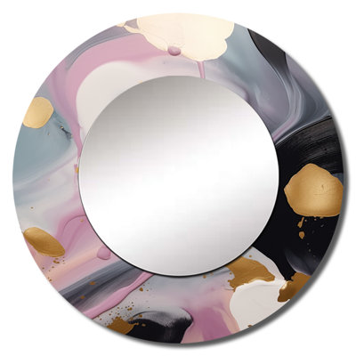 Quasean Pink And Gold Mysterious Marble IV - Marble Wall Mirror, Pink Round Decorative Mirror, Printed Metal Art