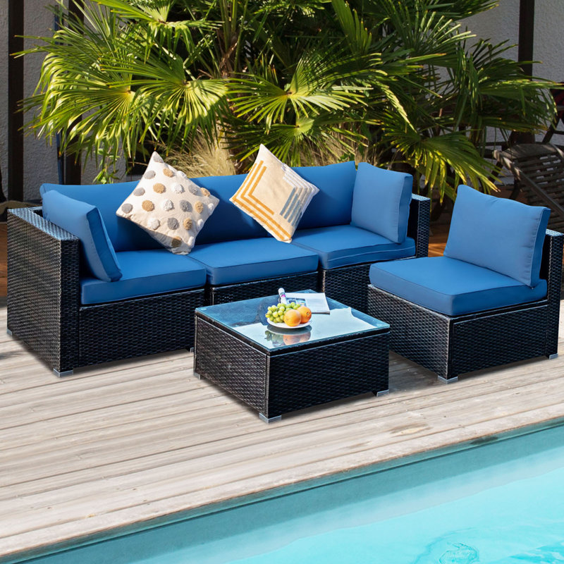 Rattan Sectional Seating Group with Cushions, Navy