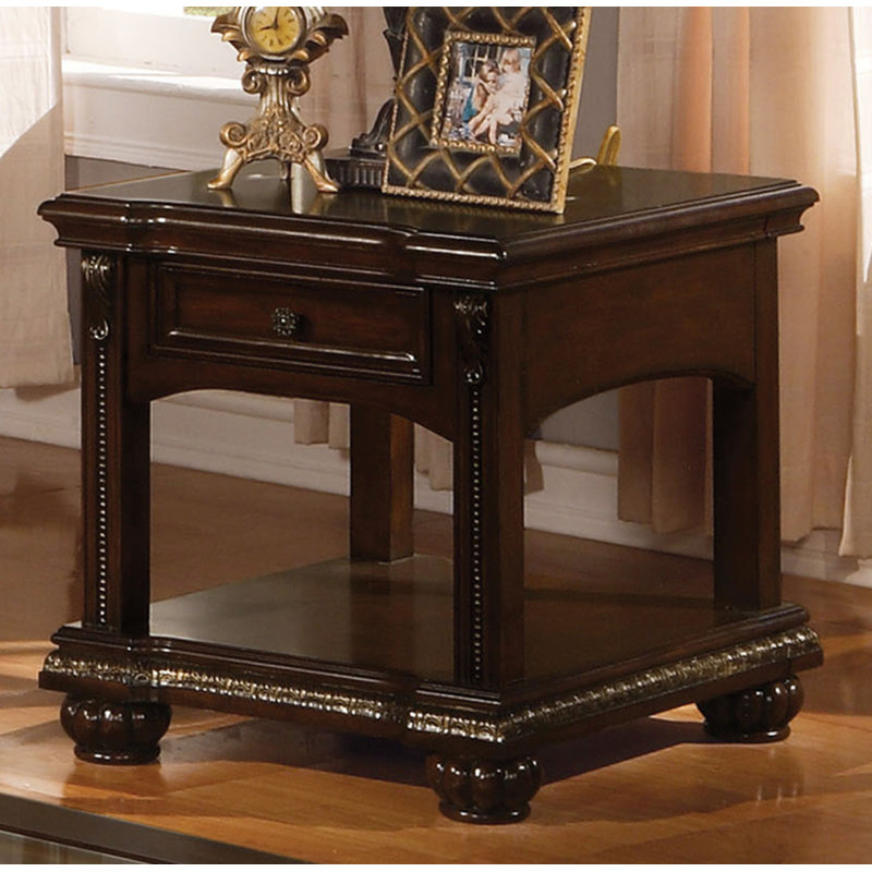 Cherry Brown Wooden End Table with Glass Top and Storage