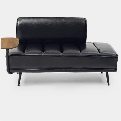 55"Inch Width Modern End of Bed Bench,Black Faux Leather Upholstered With side table, 360-degree Swivel tray couch,Entryway Ottoman,Window Bench with  Metal Legs for Bedroom, Living Room