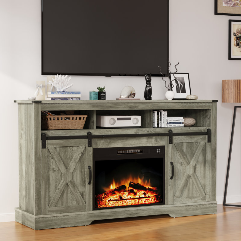 Brandt 58" Media Console TV Stand with Electric Fireplace, Light Gray