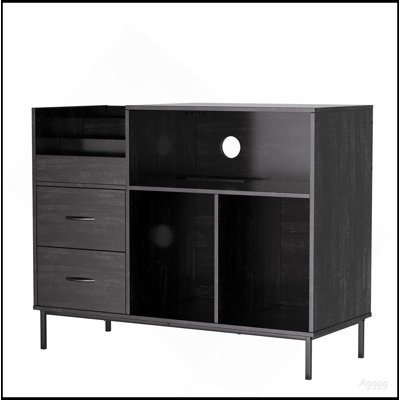 Support de tourne-disque écologique avec plateau rabattable - armoire de rangement en vinyle en bois avec multiprise à 2 prises, tiroirs et casiers anti-poussière, console média pour le salon / bureau, noir