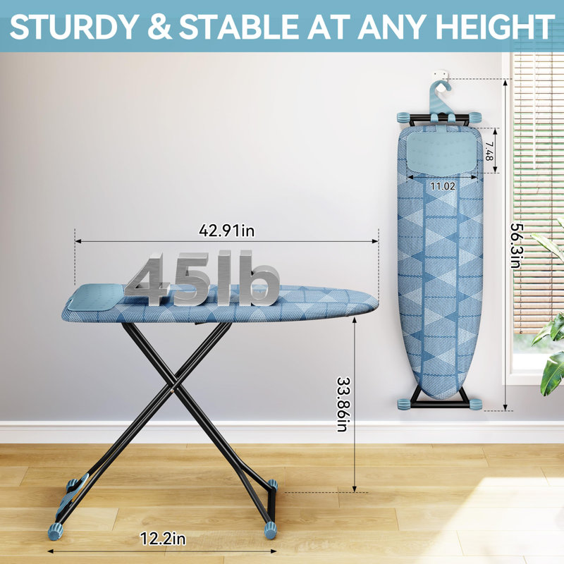 Planche à repasser, planche à repasser compacte avec tapis en fer au silicone, housse résistante à la chaleur, support de planche à repasser pliable réglable en hauteur à 7 hauteurs