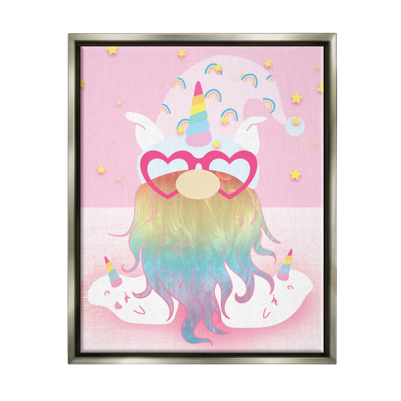 «Fun Unicorn Gnome Pink Rainbow» par Lil 'Rue - impression, H 21 po x l 17 po x P 1,7 po, Cadre flottant gris lustré