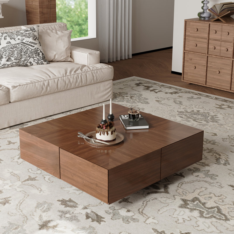 Table basse carrée en bois 35,43 po, centre en noyer avec quatre tiroirs