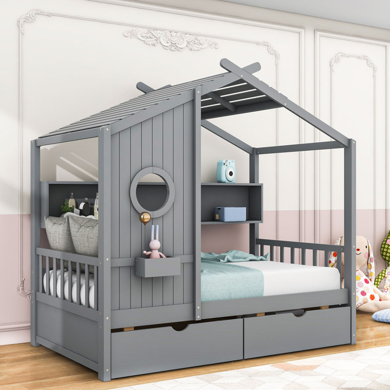 Wood Daybed with 2 Drawers and Shelves, Gray, Twin