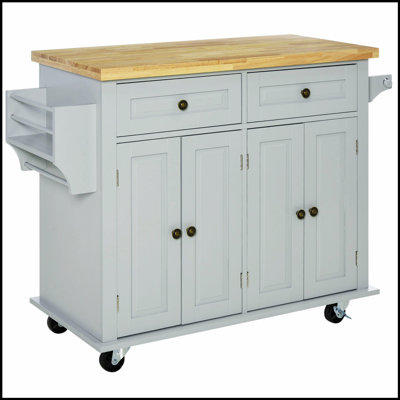 Versatile Rolling Kitchen Island with Rubberwood Top, Spice Rack, Towel Rack, and Drawers in Grey