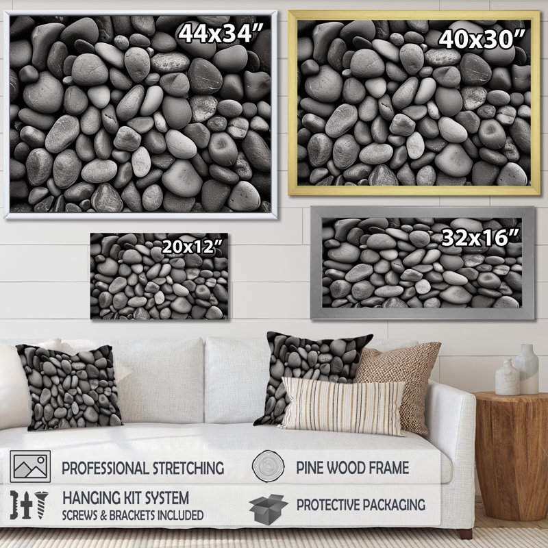 «Gray Stones Scenery Minimalisme I», reproduction sur toile, Cadre doré simple, H 16 po x l 32 po x P 1 po