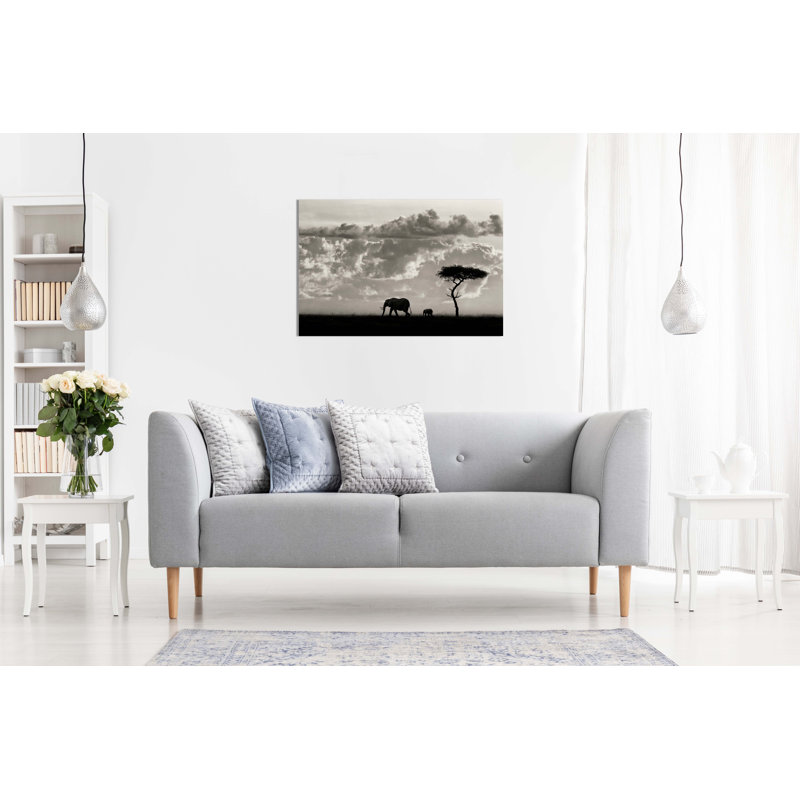 Mother And Baby Elephant Silhoutte Wildlife - Wrapped Canvas Print, 20cm H x 31cm W