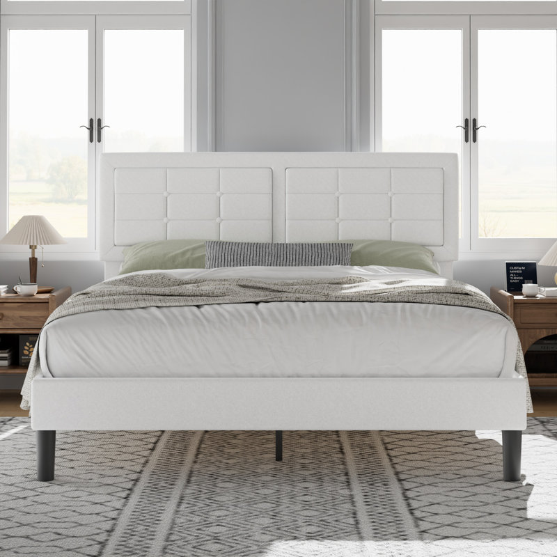 Kempst Queen Size Bed Frame, Upholstered Queen Platform Bedframe with Height Adjustable Tufted Headboard, Heavy Duty Mattress Foundation with Wooden Slats, No Box Spring Needed, Under Bed Storage