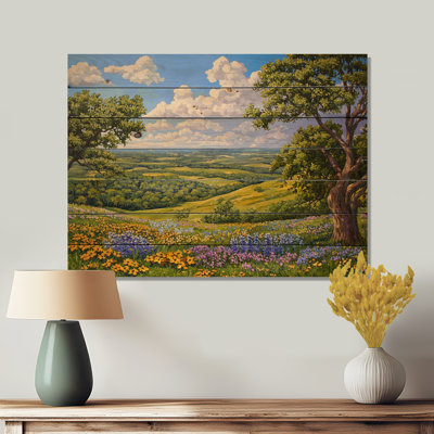 Texas Hill Country II - Modern Landscape Blue Wood Print On Natural Pine Wood