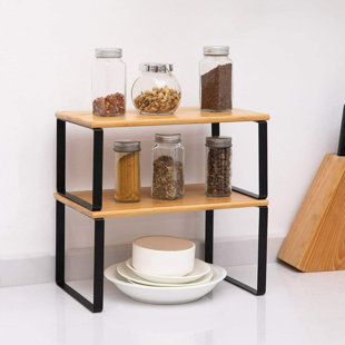 Set of 4 Bamboo Kitchen Cabinet Counter Shelf Organizer Stackable