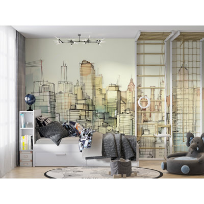 City Sketch Wall Mural – Urban Skyline Line Art Wallpaper, Modern Accent Wall Decor For Bedroom, Office Or Kids Room