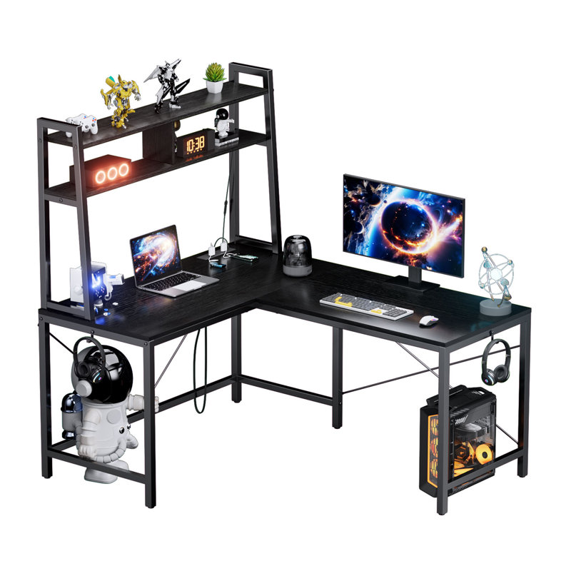  Bureau de coin en L 50,1 po avec prise de courant et lumières à DEL, Noir