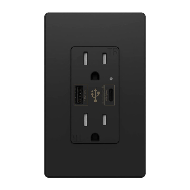 Black 15A Tamper Resistant Duplex Outlet with USB-C Ports