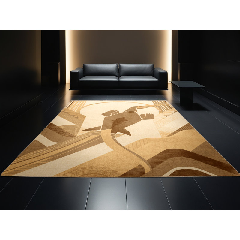 Machine Washable Ozain Plesiosaurus Art Deco Arc Rug in Beige – Beige Binding, 8 x 10